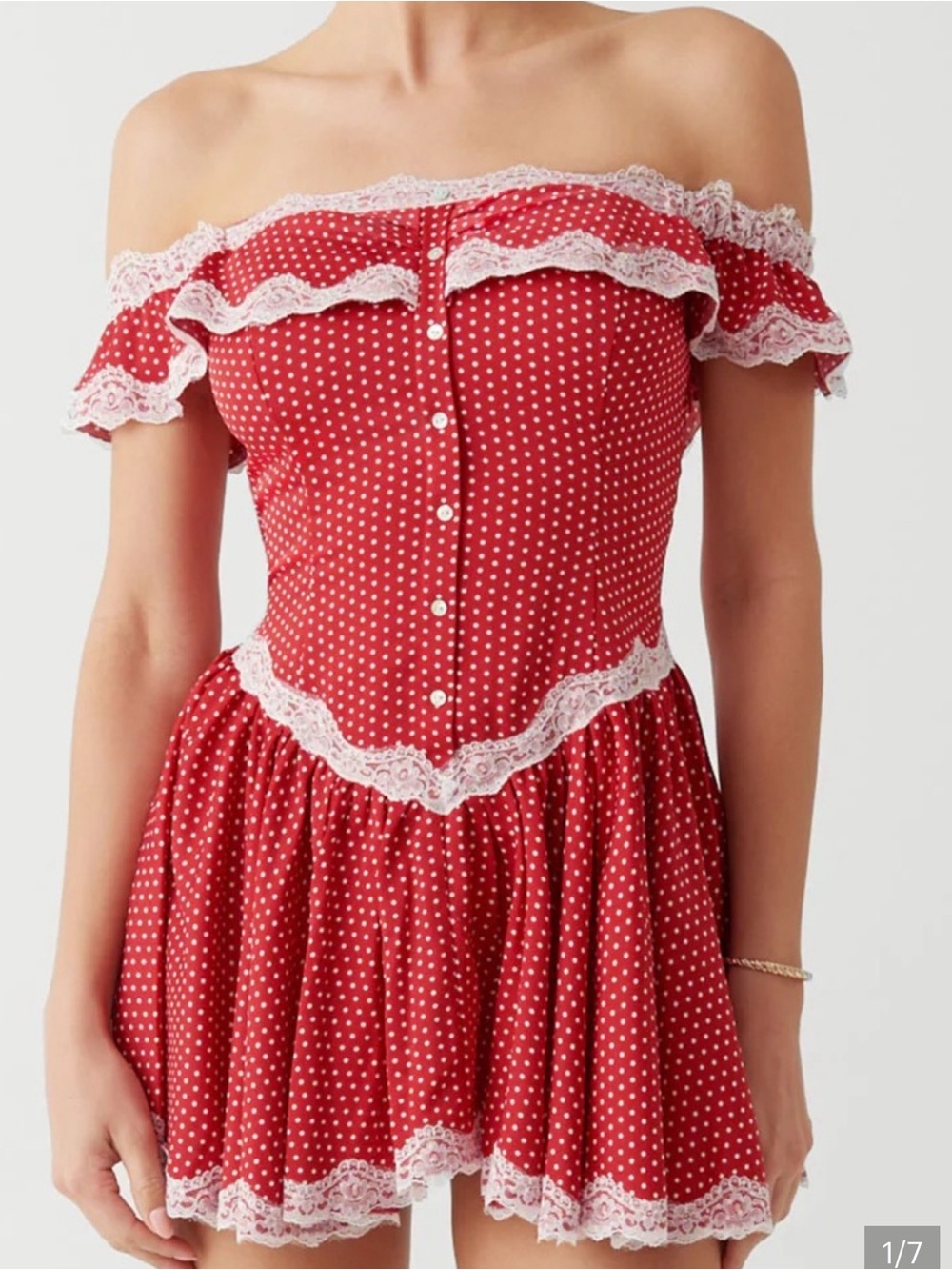 New Frankie's Bikinis Red with White Polka Dot Off-Shoulder Mini Dress